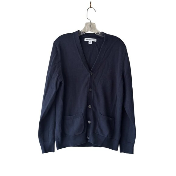 Share Mens Navy Blue Cardigan Sweater V Neck Button Up M 100%Cotton Fall Staple - Picture 1 of 9